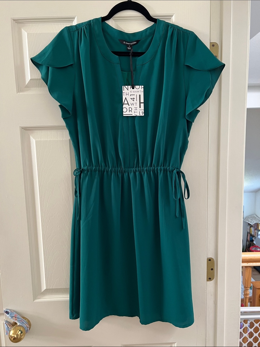 41 Hawthorn Teal Drawstring Waist Flutter Sleeve Dress